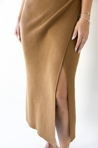 Light Brown Ribbed Wrap Midi Skirt