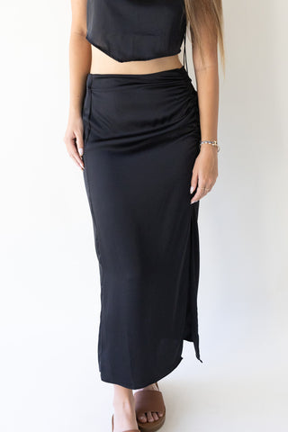 Black Ruched Side Slit Midi Skirt