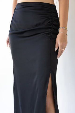 Black Ruched Side Slit Midi Skirt