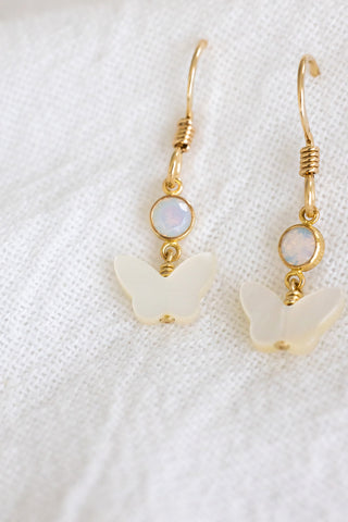 White Opal Mother of Pearl Butterfly Dangle Earrings