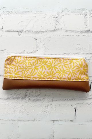 Yellow/Cream Floral Leather Pencil Pouch