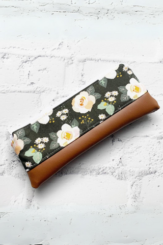 Olive Floral Leather Pencil Pouch