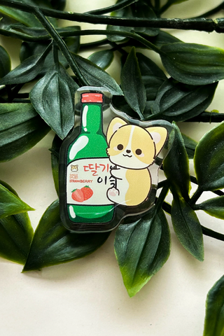 Strawberry Soju Corgi Acrylic Pin