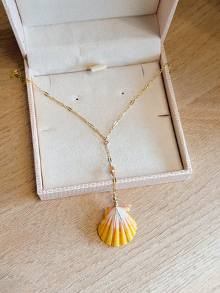 Small Pink Pearl Sunrise Shell & Bead Lariat Necklace