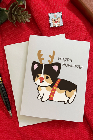 Happy Pawlidays Tri Reindeer Corgi Card