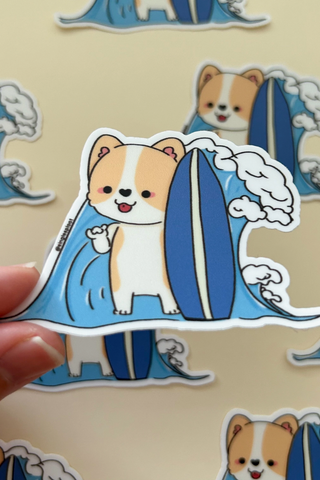 Hang Loose Surfboard Corgi Sticker