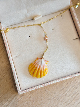 Small Pink Pearl Sunrise Shell & Bead Lariat Necklace