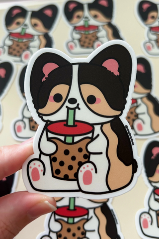 Tri Colored Boba Corgi Sticker