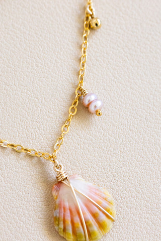 Mini Sunrise Shell, Pink Button Pearl, & Ball Drop Necklace