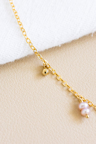 Mini Sunrise Shell, Pink Button Pearl, & Ball Drop Necklace