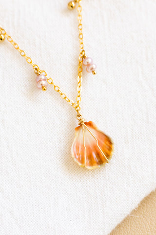Mini Sunrise Shell, Pink Button Pearl, & Ball Drop Necklace