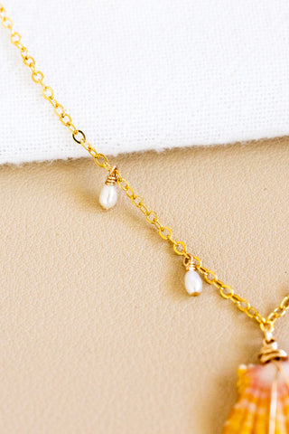 Sunrise Shell & Mini Rice Pearl Drop Necklace