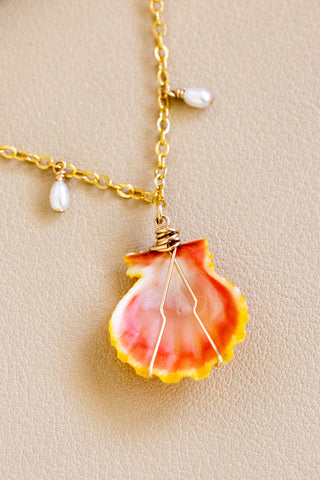 Sunrise Shell & Mini Rice Pearl Drop Necklace
