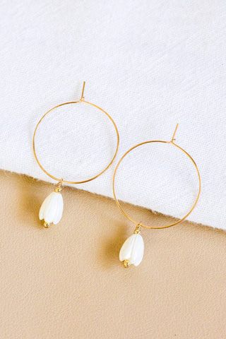Large MOP Pikake & Bead Dainty Hoops