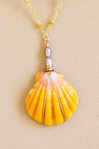 Double Mini Mauve Rice Pearl & Sunrise Shell Beam Necklace