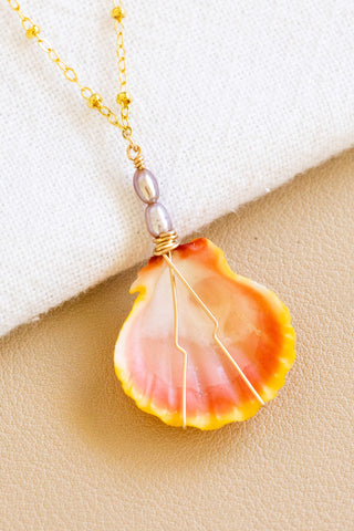 Double Mini Mauve Rice Pearl & Sunrise Shell Beam Necklace