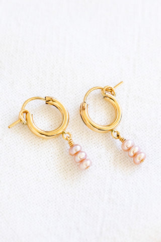 Triple Mini Pink Button Pearl 12mm Huggie Hoops