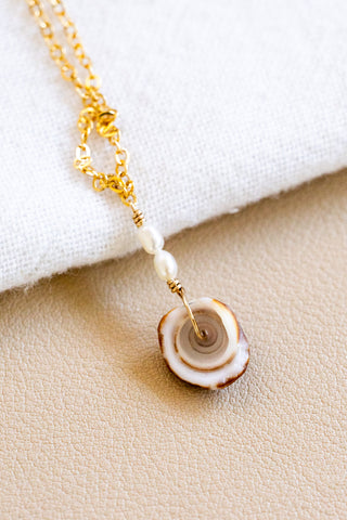 Cat Cone Puka Shell Fragment & Double Mini Rice Pearl Necklace