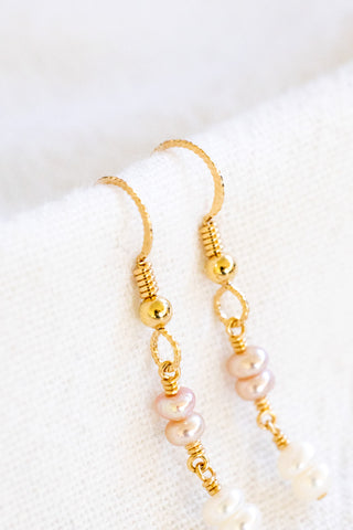 Double Mini Button Pink & White Pearl Twisted Dangle Earrings