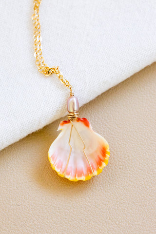 Vibrant Yellow Sunrise Shell & Pink Pearl Necklace