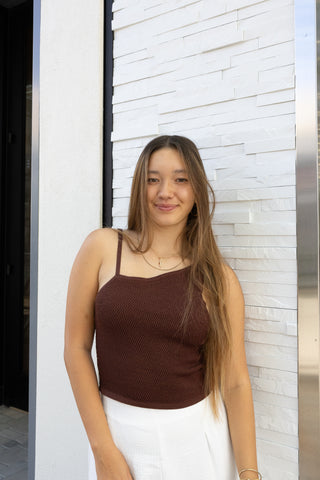 Brown Asymmetric Knit Sleeveless Top