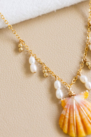 Double Stacked Bead & Small Pearl Sunrise Shell Charm Necklace
