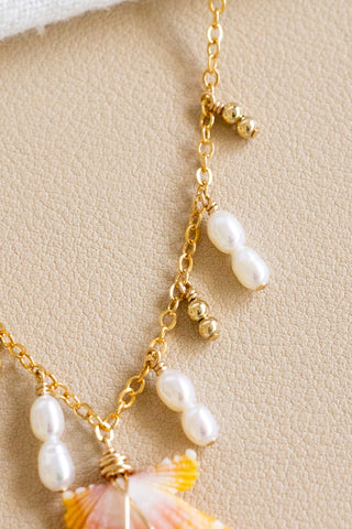 Double Stacked Bead & Small Pearl Sunrise Shell Charm Necklace