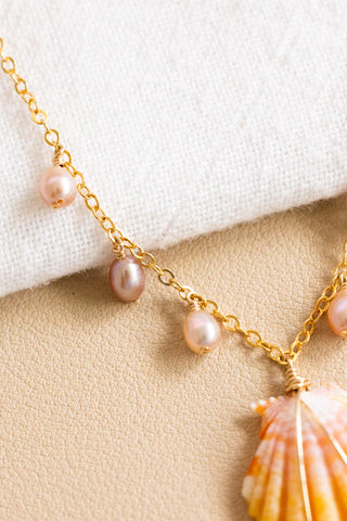 Pink Freshwater Pearl Sunrise Shell Charm Necklace