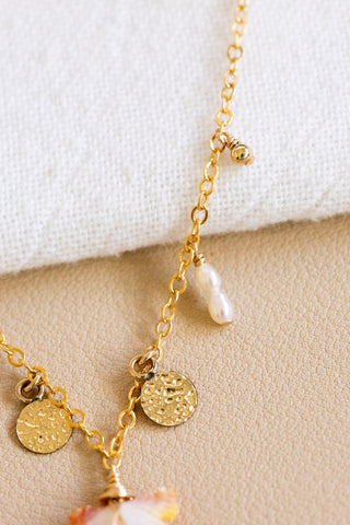 Textured Disc, Bead, & Stacked Mini Rice Pearl Sunrise Shell Charm Necklace