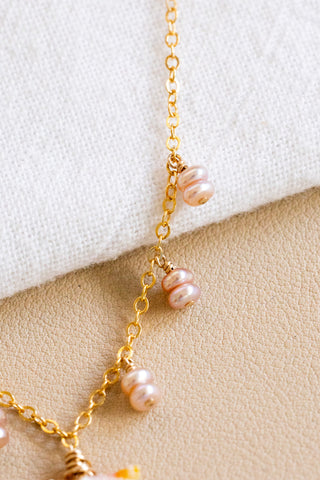 Stacked Mini Pink Button Pearl & Sunrise Shell Charm Necklace
