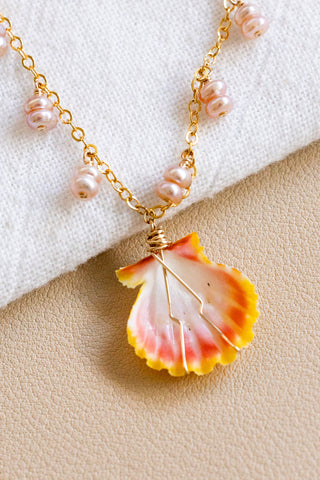 Stacked Mini Pink Button Pearl & Sunrise Shell Charm Necklace