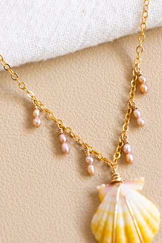 Mini Yellow Sunrise Shell & Mini Light Pink Rice Pearl Charm Necklace