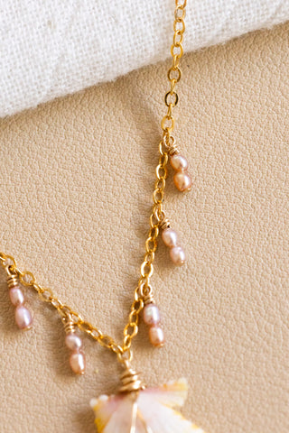 Mini Yellow Sunrise Shell & Mini Light Pink Rice Pearl Charm Necklace