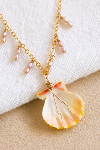Mini Yellow Sunrise Shell & Mini Light Pink Rice Pearl Charm Necklace