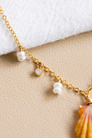 Double Stacked Button Pearl & CZ Sunrise Shell Necklace