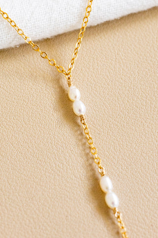 Double Stacked Pearls & Drupe Shell Lariat Necklace