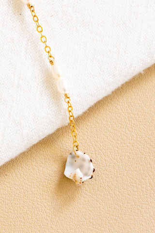 Double Stacked Pearls & Drupe Shell Lariat Necklace