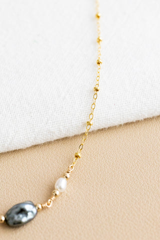 Large Dark Keshi Tahitian Pearl, Small Pearl, & Bead Beam Necklace