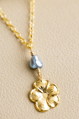 Silver Keshi Tahitian Pearl & GF Hibiscus Necklace