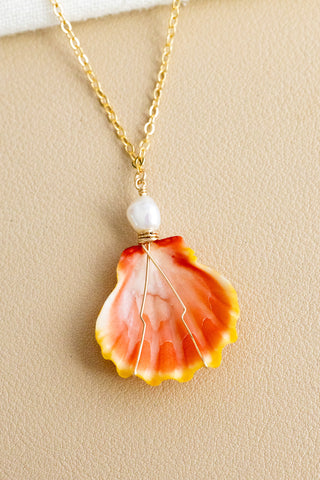 Keshi Pearl & Pink/Orange Striped Sunrise Shell