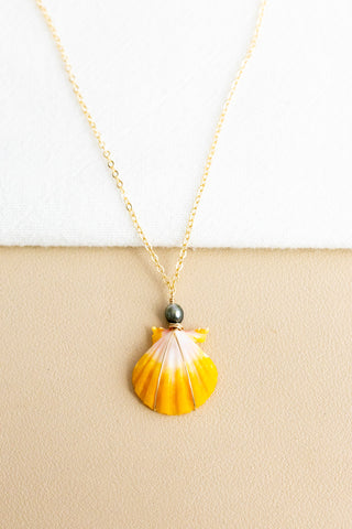 Dark Round Keshi Tahitian Pearl & Vibrant Orange Sunrise Shell