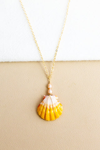 Double Small Pink Pearl & Pale Orange Sunrise Shell Necklace