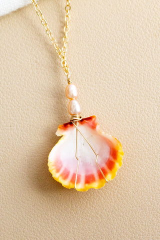 Double Small Pink Pearl & Pale Orange Sunrise Shell Necklace