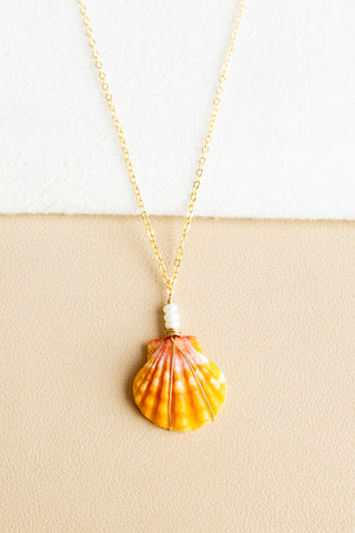 Triple Mini Button Pearl Pink/Orange Sunrise Shell Necklace