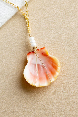 Triple Mini Button Pearl Pink/Orange Sunrise Shell Necklace