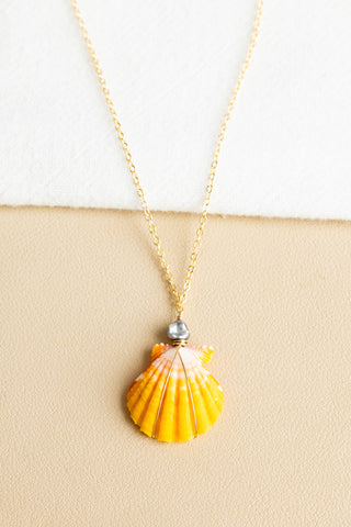 Boxy Silver Keshi Tahitian Pearl & Vibrant Orange Sunrise Shell Necklace