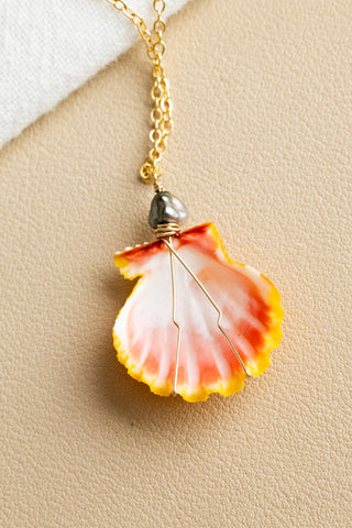 Boxy Silver Keshi Tahitian Pearl & Vibrant Orange Sunrise Shell Necklace