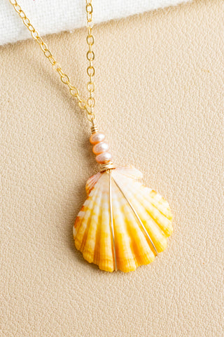 Triple Mini Pink Button Pearl Sunrise Shell Necklace