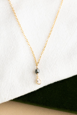 Mini Dark Keshi Tahitian Pearl & CZ Teardrop Necklace