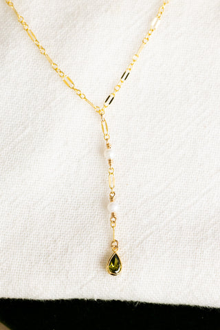 Mini Round Pearl & CZ Peridot Teardrop Lariat Necklace